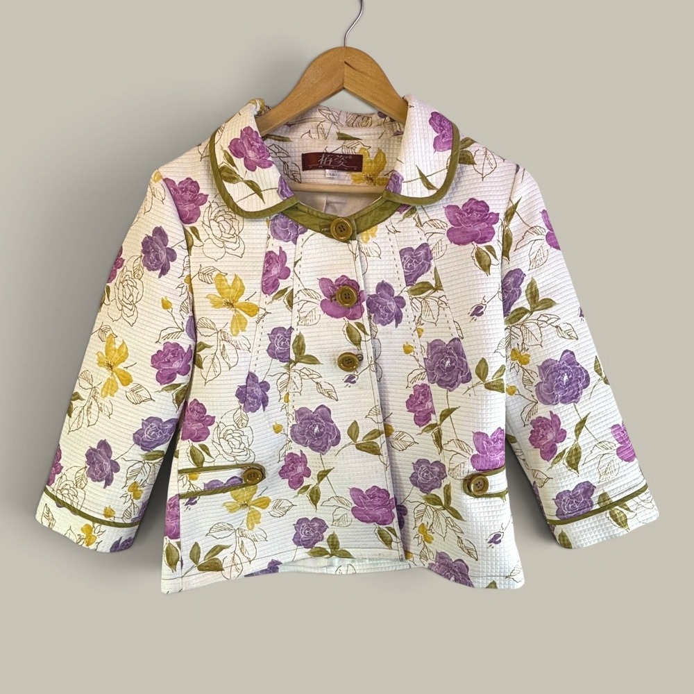 Vintage Paksy Jacket 38 Mod White Purple Floral Waffle Knit Cottagecore Retro